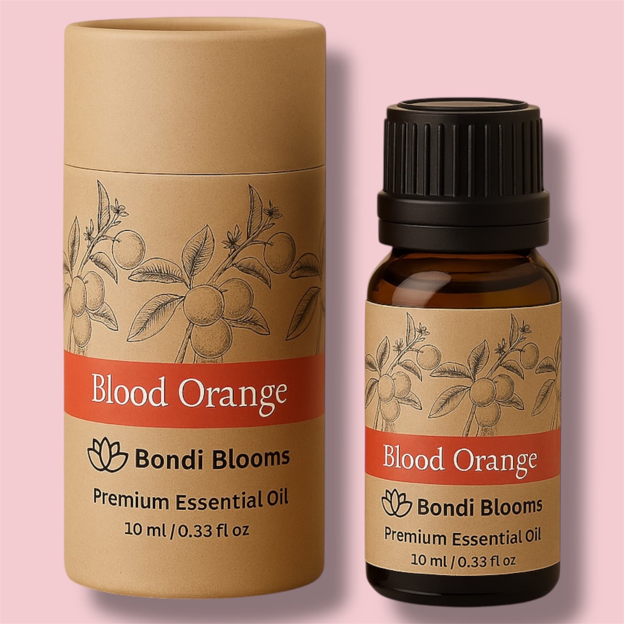Bondi Blooms Blood Orange essential oil packaging on a pink background